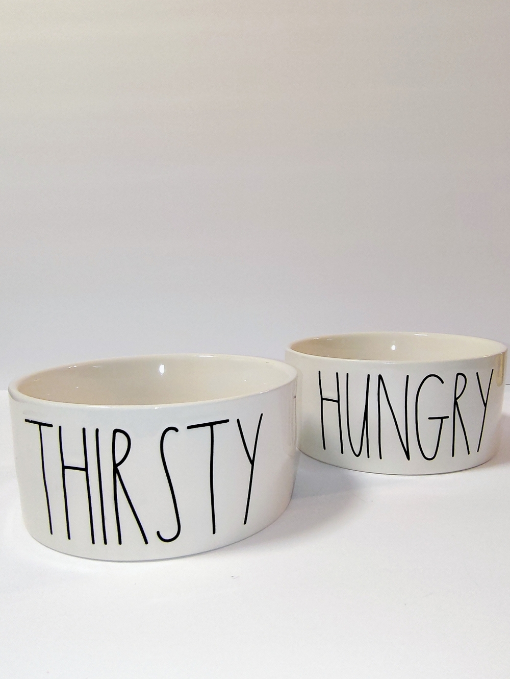 Set Of 2 Rae Dunn Artisan Collection Ceramic Dog Bowls 'Hungry' 'Thirsty' NWOT